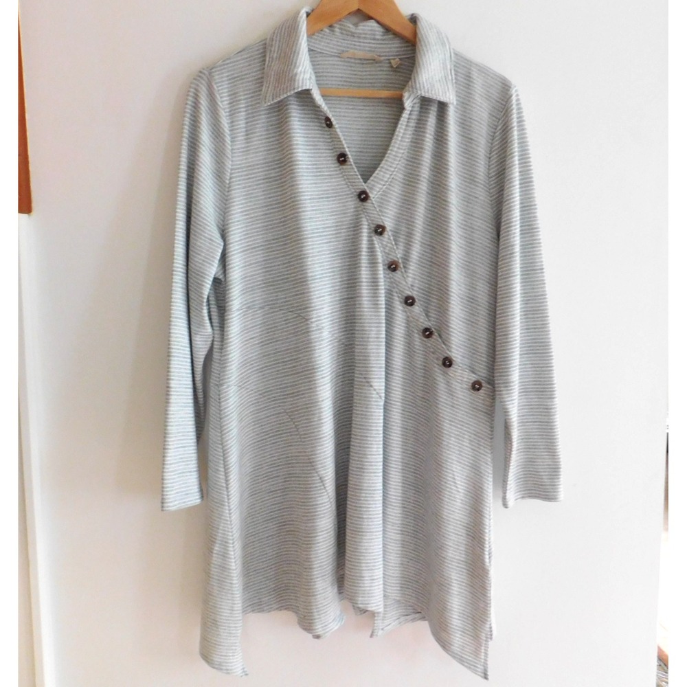 Soft Surroundings Tunic Gray White Stripe Asymmetrical Button Tamara Top Sz XL